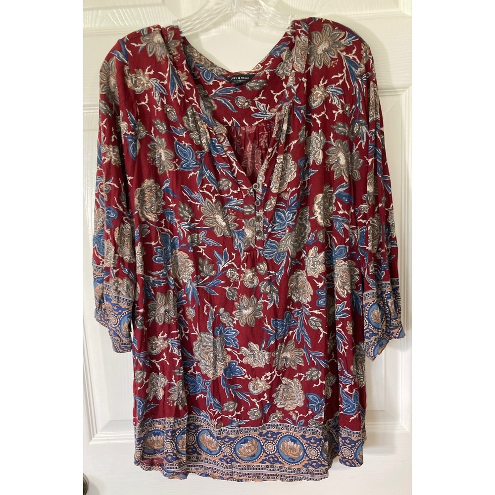Lucky Brand Plus Boho Tunic 3X Beautiful Burgundy Print Paisley Peasant Vintage